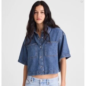 Madewell Shirt Women XS Blue Boxy Crop Button Up Pickett Wash Airy Denim NZ028